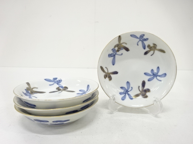 JAPANESE CERAMICS / SMALL PLATE / SET OF 4 / BLUE & WHITE (PORCELAIN) / ORCHID